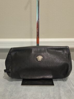 Versace 1990s Medusa Black Pebbled Leather Clutch/Toiletry Bag GIANNI